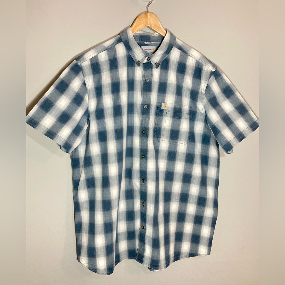 Carhartt Men’s Navy and White Checkered Short Sleeve Button Down Shirt Sz 2XLT
